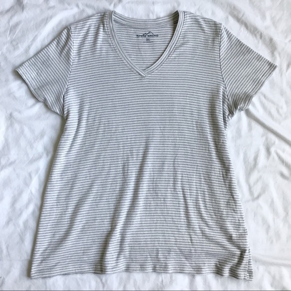 Eddie Bauer grey & white striped v-neck tee - Picture 2 of 4